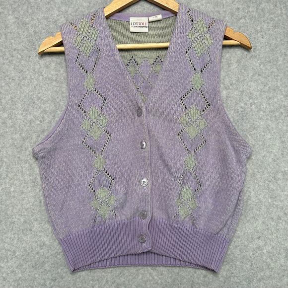Lizgolf by Liz Claiborne Sweaters - VTG Liz Claiborne Golf Womens S Lavender Argyle Knit V Neck Sweater Vest USA